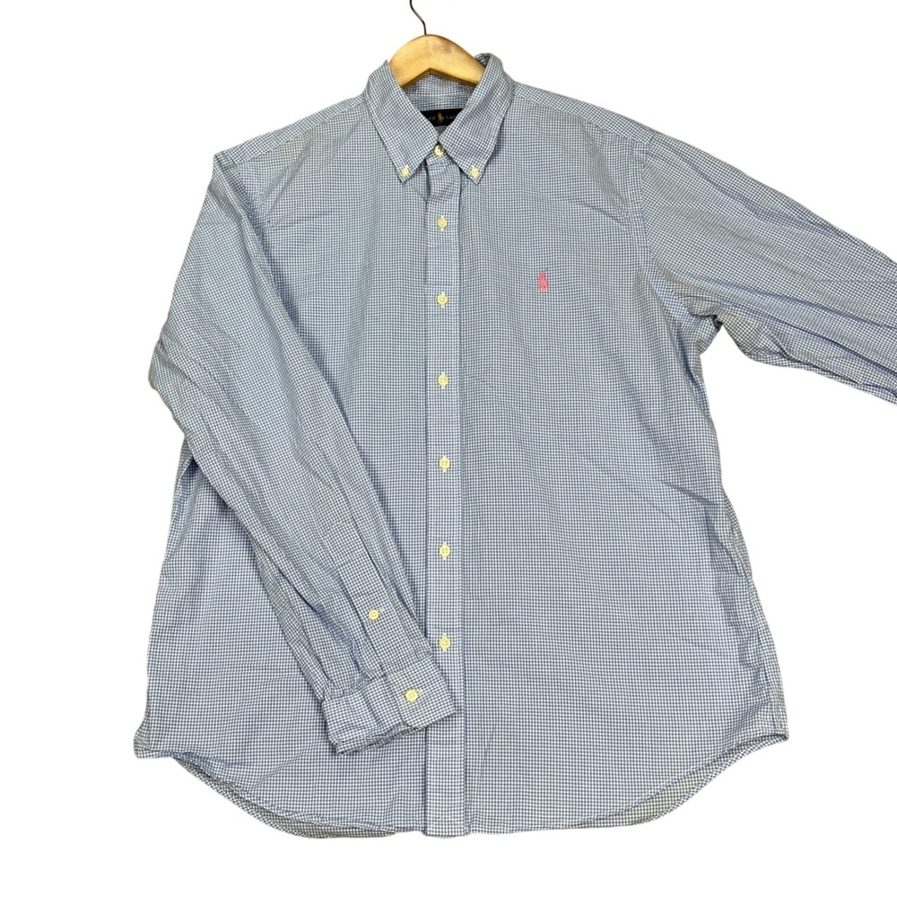 Polo Ralph Lauren Button Down Shirt Mens L Blue Long Sleeve Gingham Check PONY